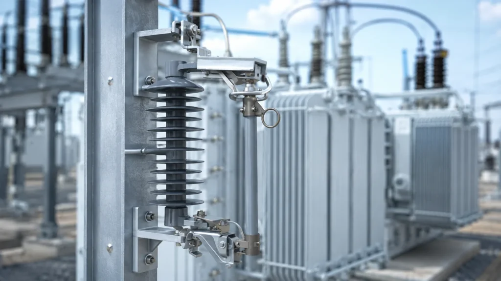 Close up of a gray surge arrester mounted in a substation, with insulator ribs, mounting brackets, and blurred background equipment