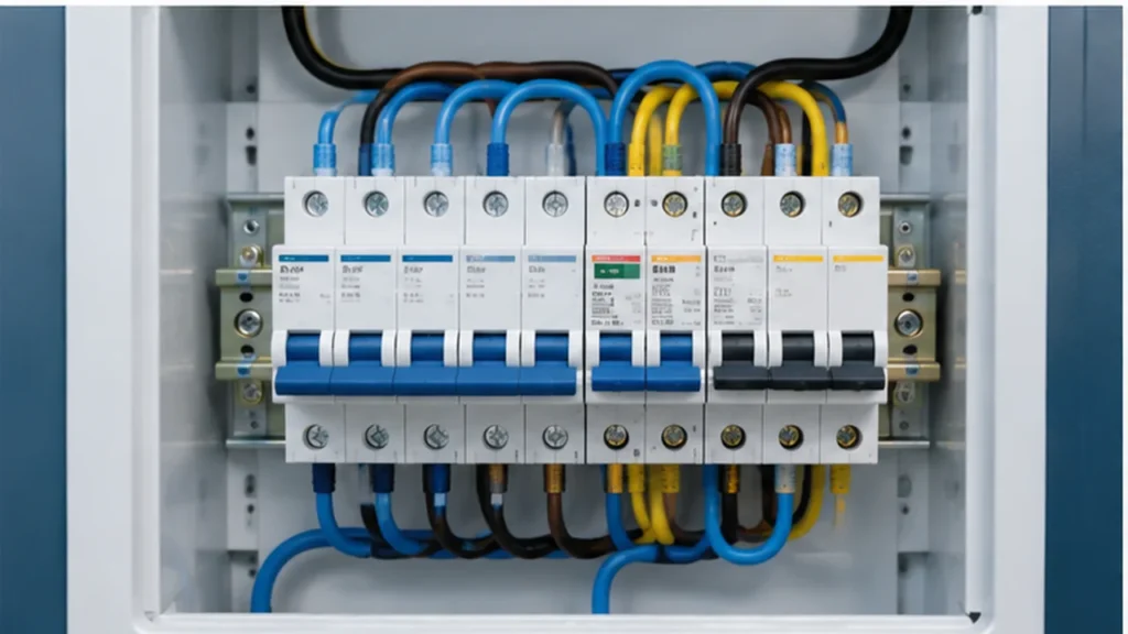 DC MCB circuit breakers with wiring inside an electrical distribution panel