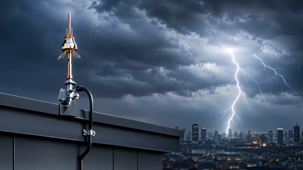 Lightning arrester installed on a rooftop edge with stormy sky and lightning in the background, showing the mounting bracket and grounding conductor