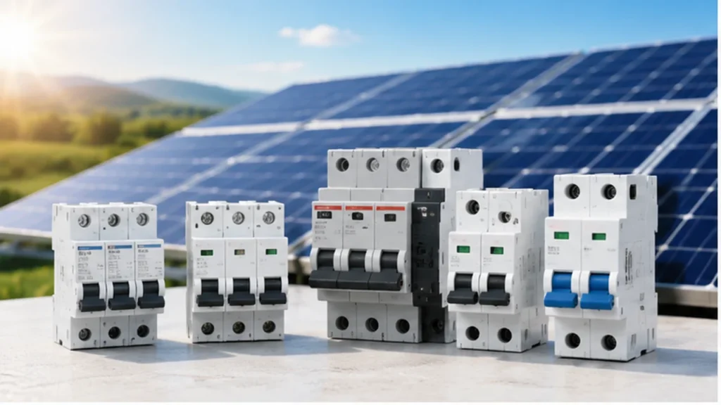 Solar circuit breakers installed near photovoltaic panels for PV system protection