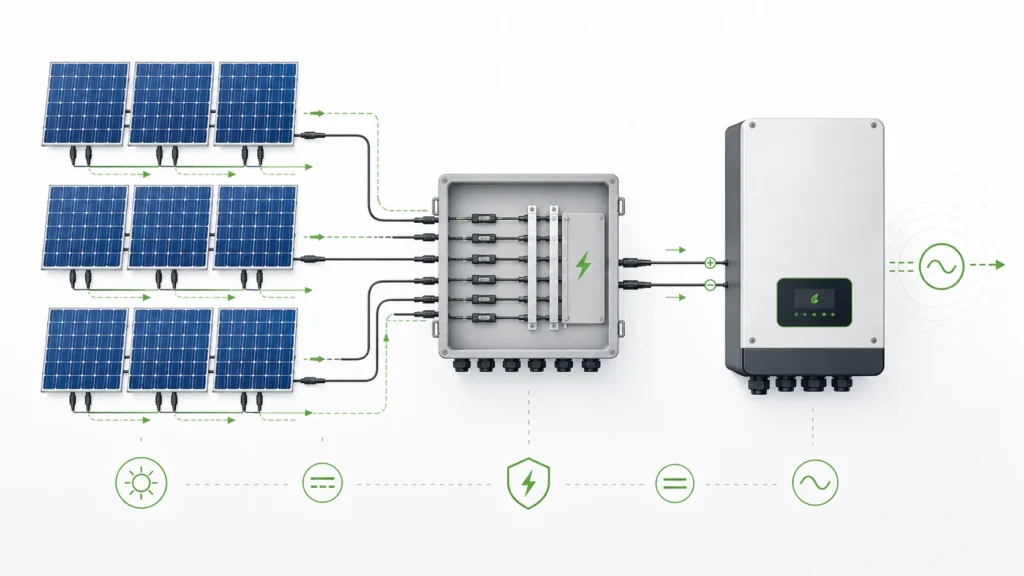 Diagram showing PV strings connected through a solar combiner box to an inverter