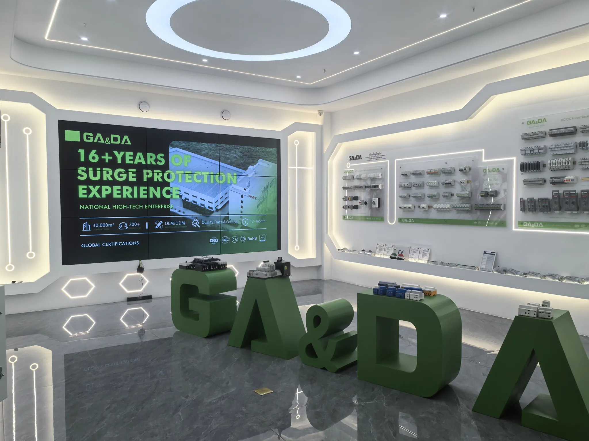 GA&DA brand showroom with product display walls