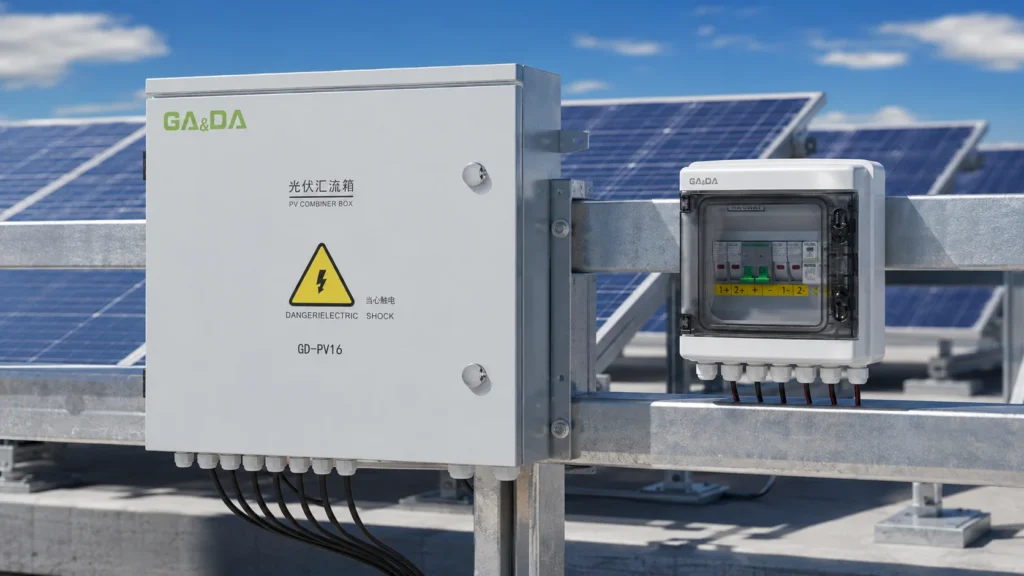GA&DA metal and plastic PV combiner boxes installed in a rooftop solar power system