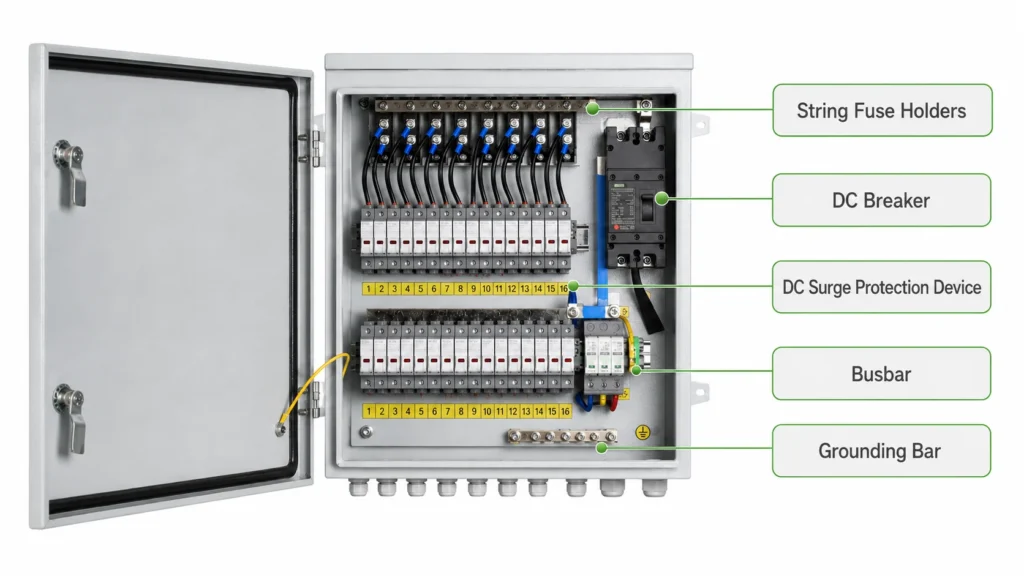 Internal components of a solar combiner box including fuses, breaker, SPD, busbars and grounding