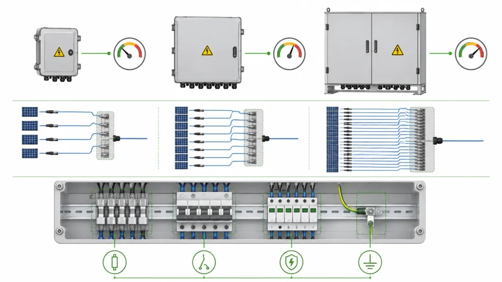 Solar combiner box selection guide showing input configurations and protection components