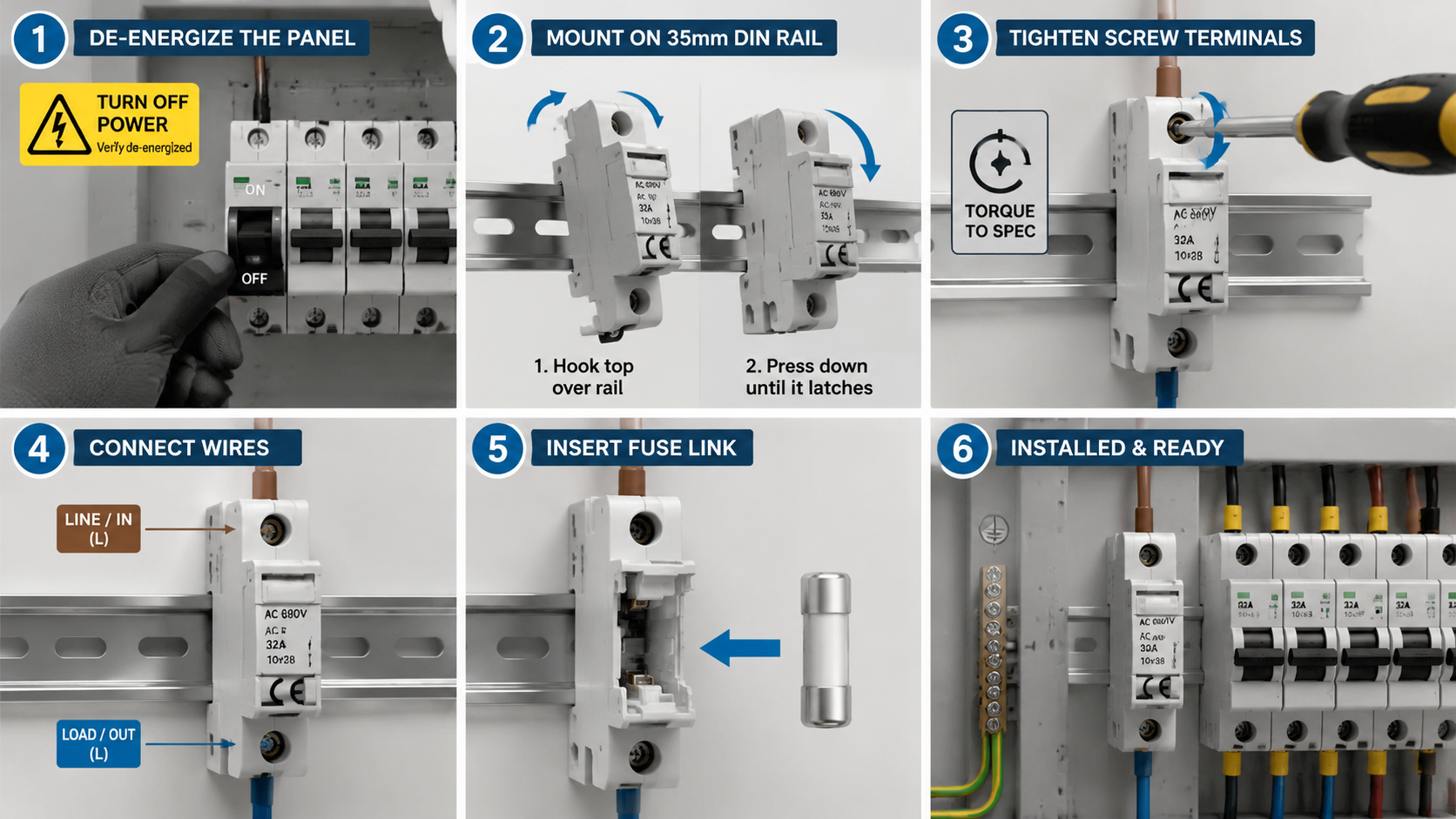 Step-by-step diagram of installing a DIN rail AC fuse base and wiring the screw terminals in a distribution panel