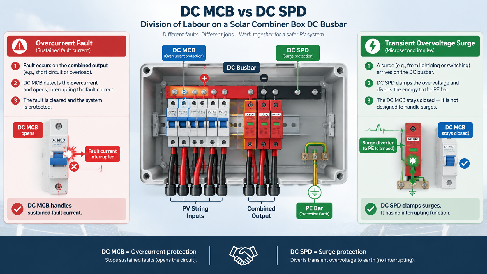 Diagram of a DC MCB and a DC SPD on a solar combiner box DC busbar: the breaker interrupts a sustained overcurrent fault while the SPD diverts a microsecond transient overvoltage impulse to the earth bar