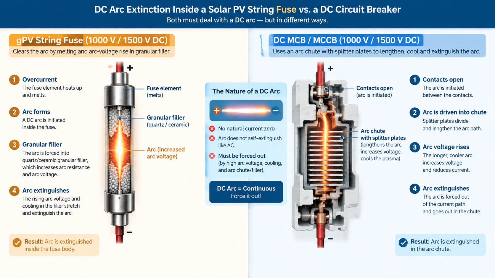 Cutaway comparison of DC arc extinction in a gPV string fuse and in a DC circuit breaker arc chute