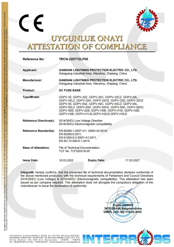 GA&DA DC PV fuse holder CE certificate