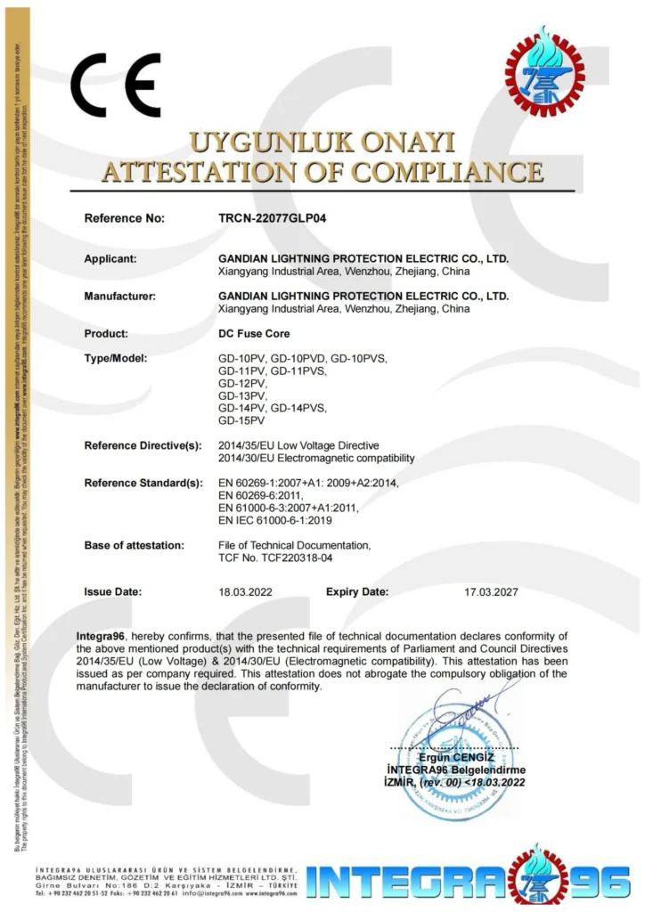 GA&DA DC PV fuse link CE certificate