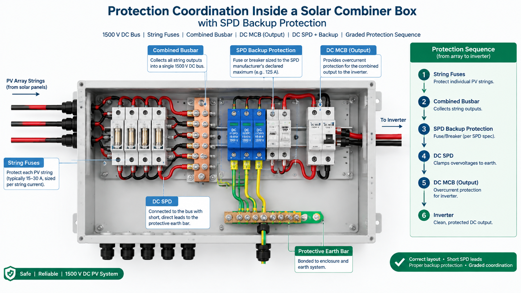 Internal layout of a 1500 V DC solar PV combiner box showing string fuses, the combined busbar, a DC MCB on the output, a DC SPD with short direct leads to the protective earth bar and the SPD backup protection device