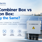Solar combiner box and junction box side by side with a PV string array, illustrating the difference in function and protection content