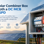 Interior of a solar combiner box showing a DC MCB and a DC SPD mounted on the same DC busbar with string fuses and a protective earth bar
