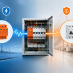 Conceptual illustration comparing a surge arrester (SPD) limiting a lightning-induced voltage spike with a circuit breaker in a distribution panel