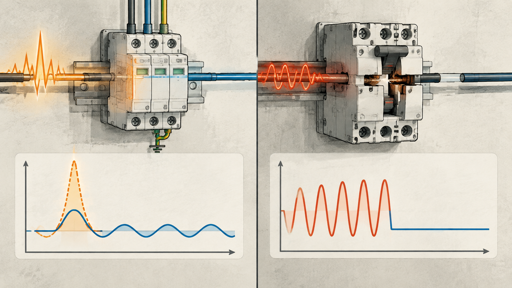 Side-by-side conceptual comparison: a surge arrester clamps a transient voltage spike while a circuit breaker interrupts excessive current