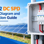 Type 2 DC SPD module mounted on a DIN rail inside a solar PV distribution enclosure, wired with DC+, DC- and earth conductors