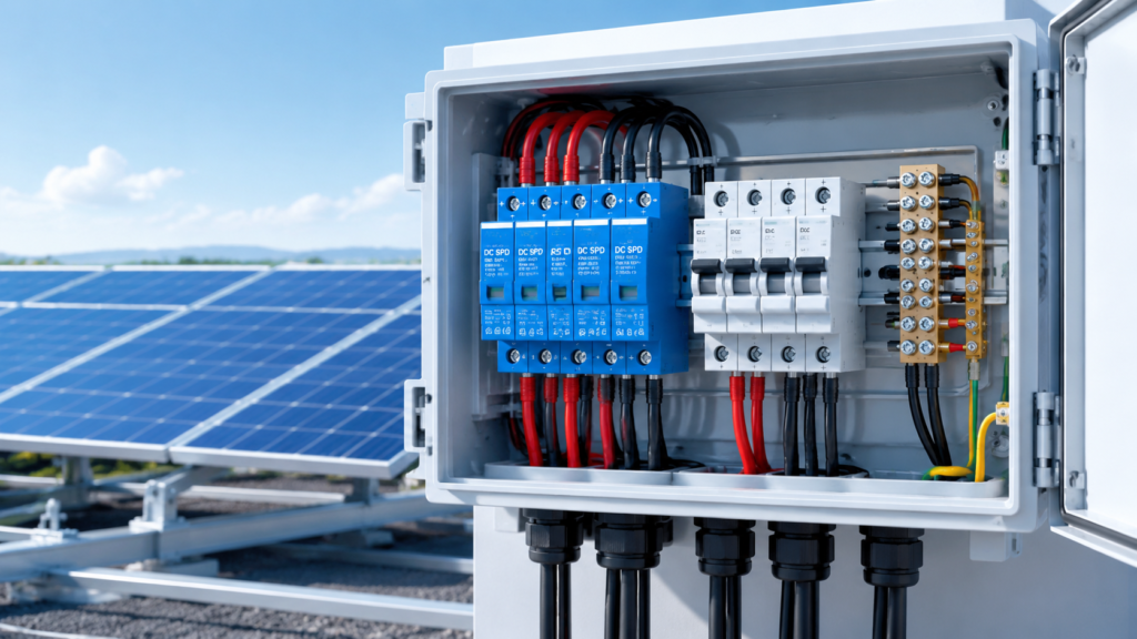 Solar DC distribution box (DCDB) fitted with a Type 2 DC surge protection device for PV systems