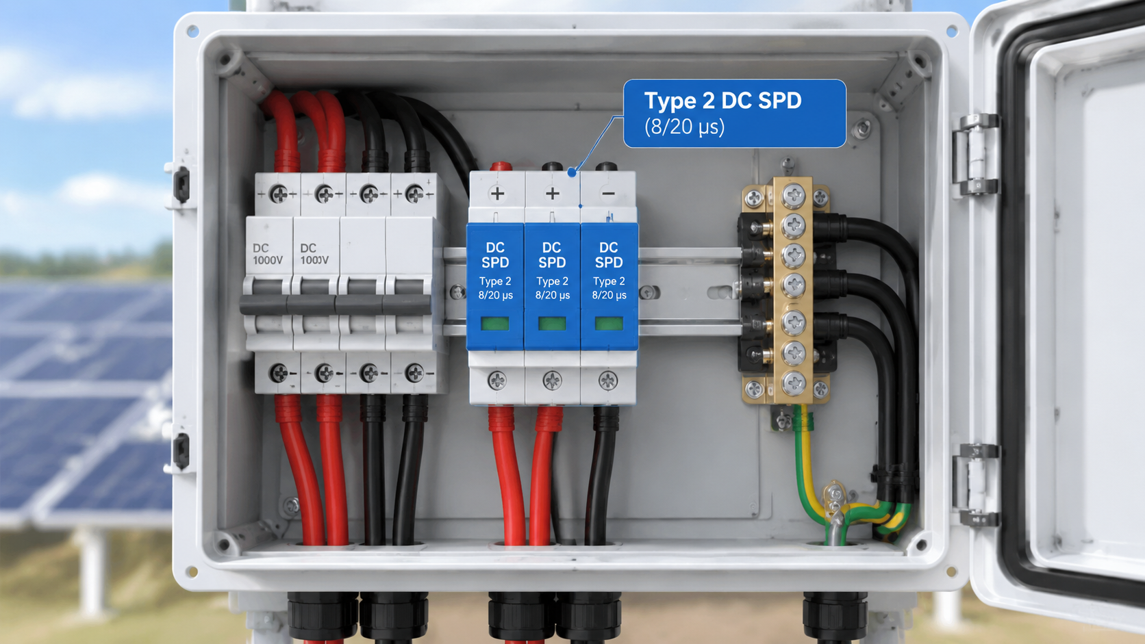 Type 2 DC SPD mounted on DIN rail inside a solar DCDB enclosure beside the busbar