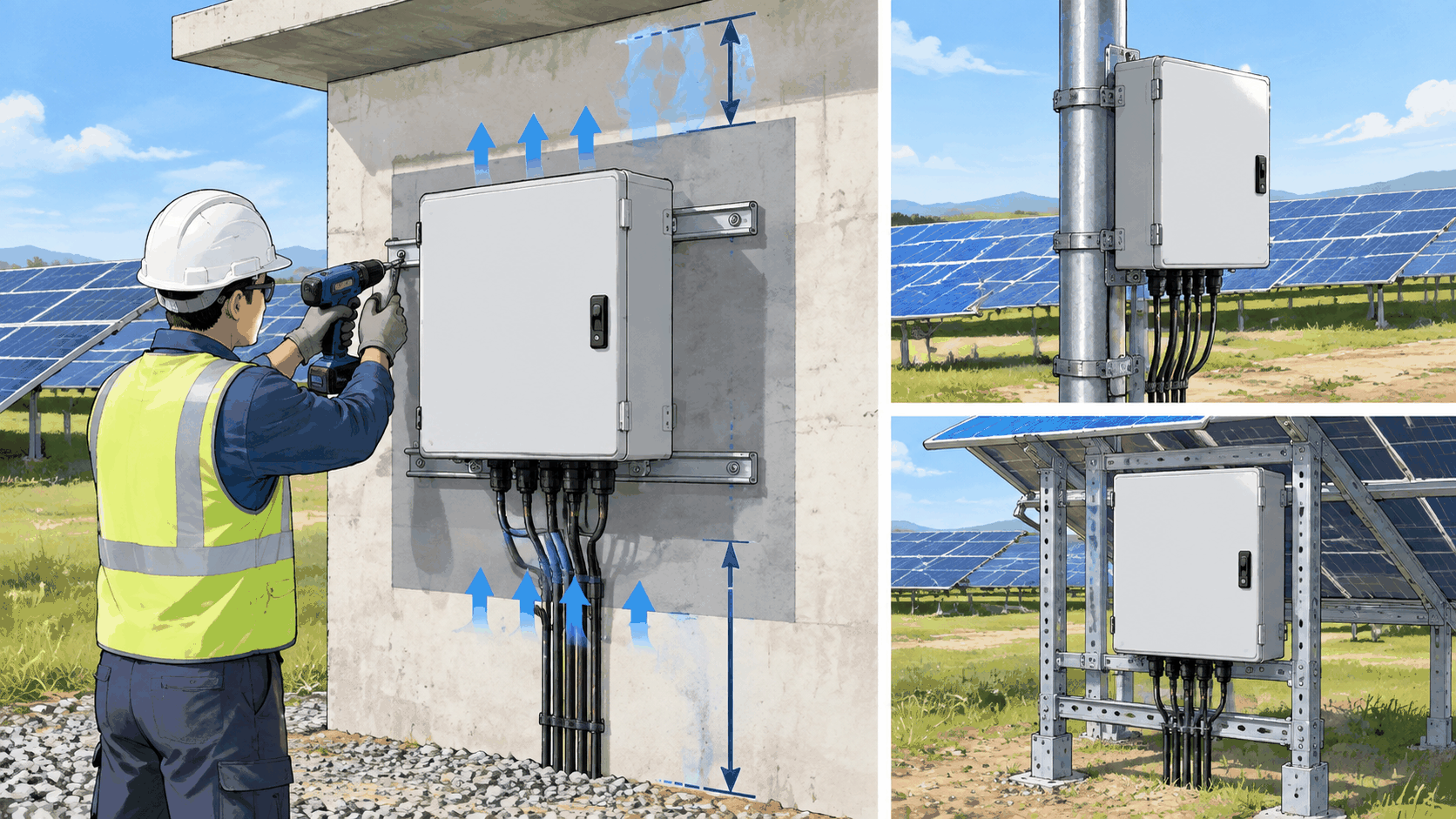 Wall, pole and rack mounting of a solar combiner box with ventilation clearances and bottom cable entry