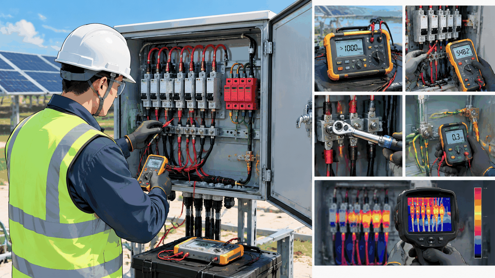 Commissioning a solar combiner box: insulation resistance test, polarity and voltage verification, torque check and thermal scan