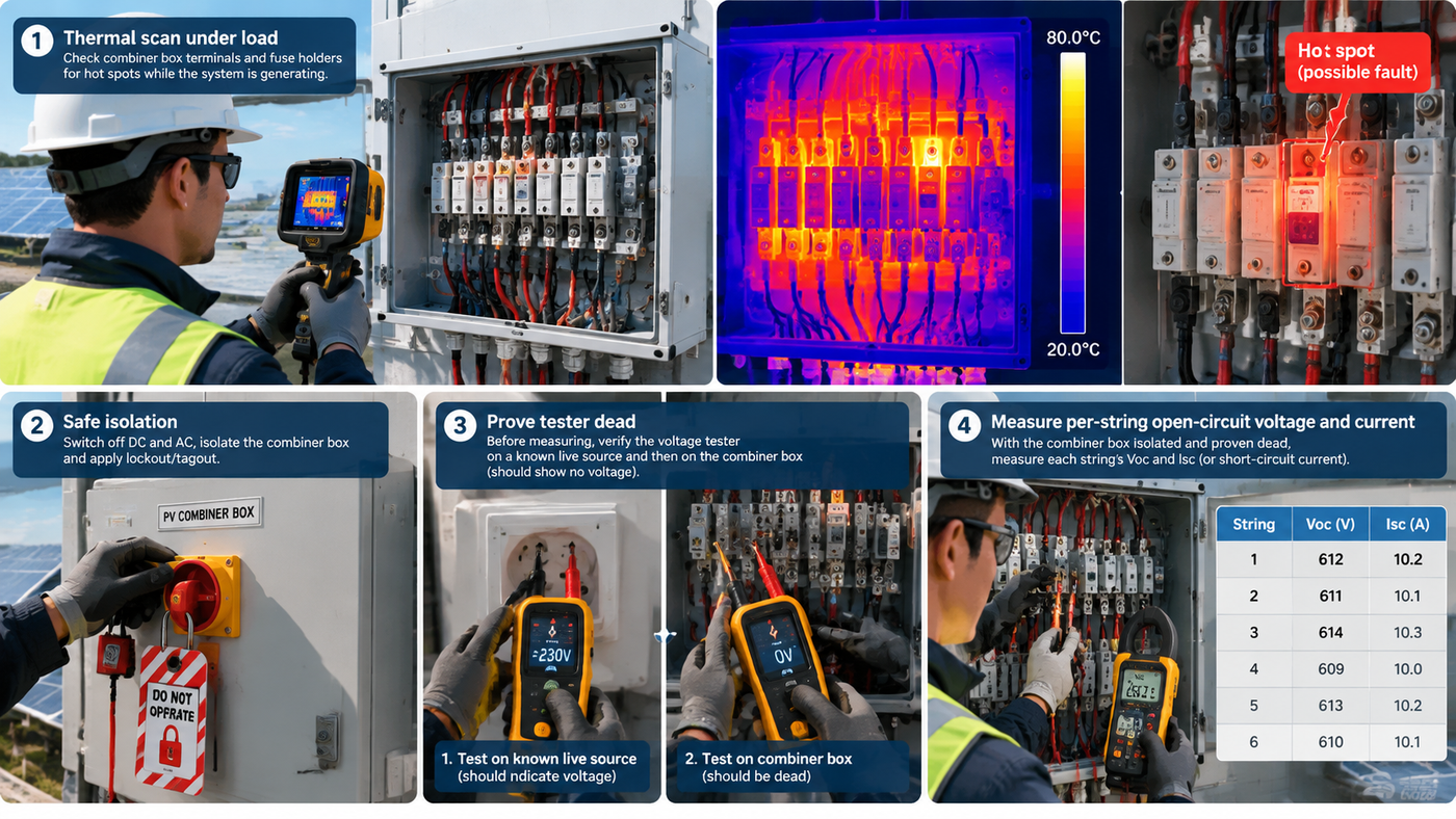 Diagnosing a solar combiner box fault: thermal scan under load, then safe isolation with a proven tester before measuring string current
