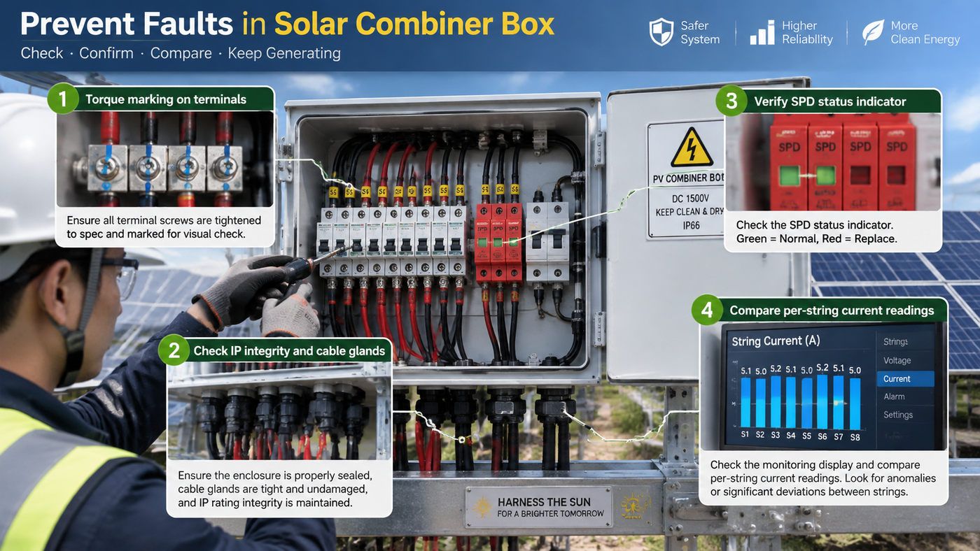 Combiner box fault prevention: correct torque marking, IP integrity checks, SPD status check and per-string current comparison