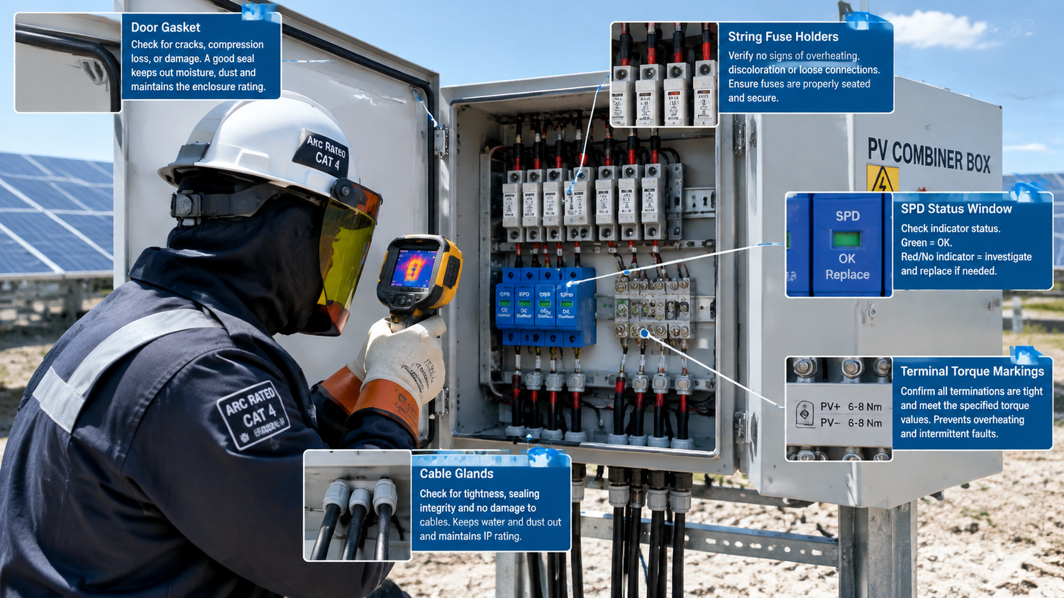 Technician in arc-rated PPE inspecting a solar combiner box: door gasket, cable glands, fuse holders and SPD status during a scheduled maintenance visit