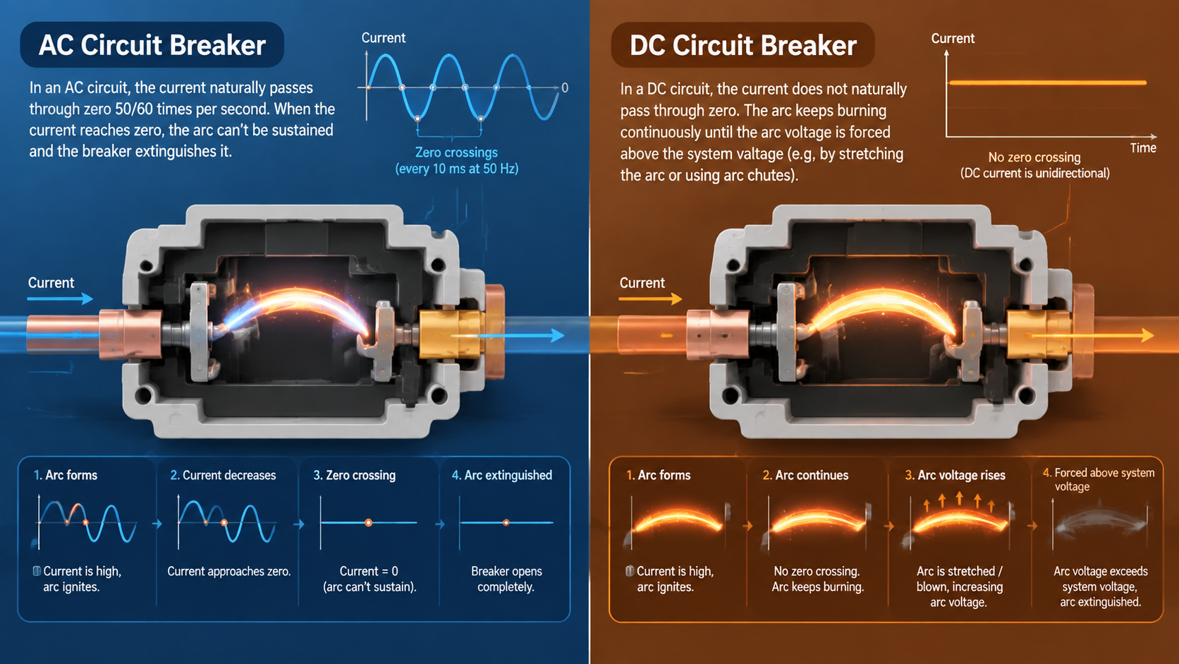 AC sine wave crossing zero to extinguish a breaker arc, compared with a flat DC waveform feeding a continuous arc between parting contacts