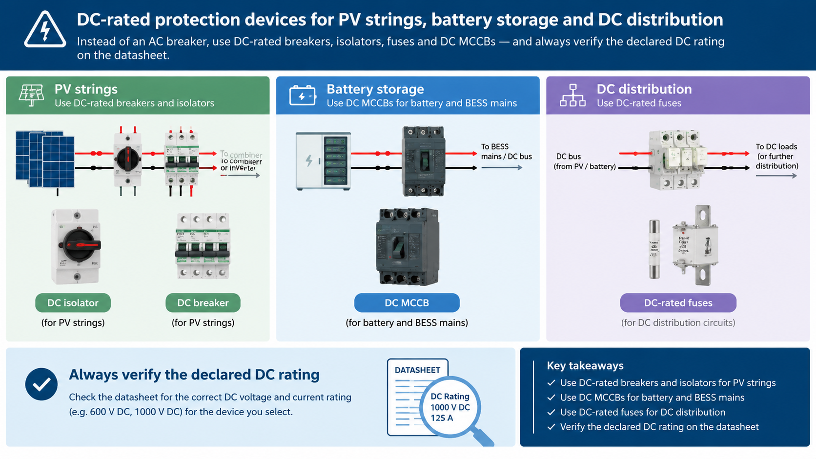 DC-rated protection layout for a PV system: string isolators and breakers, a DC MCCB for the battery, plus a datasheet showing the declared DC voltage and breaking capacity