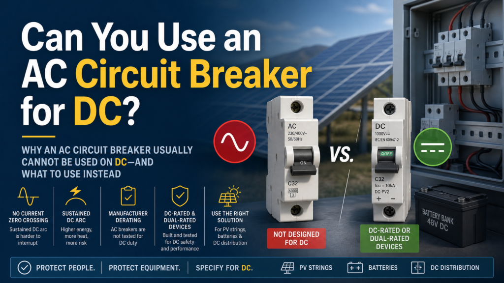 AC miniature circuit breaker beside a DC-rated breaker on a DIN rail, with a datasheet DC rating table open alongside