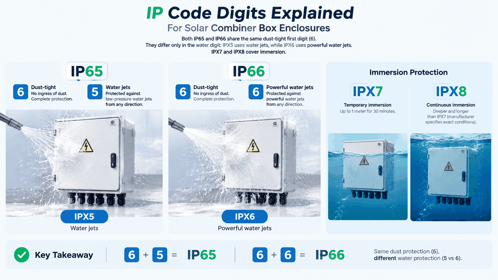Side-by-side comparison of an IP65 and an IP66 solar combiner box showing that both share the same dust-tight first digit of 6 while the water digit differs between jet and powerful jet
