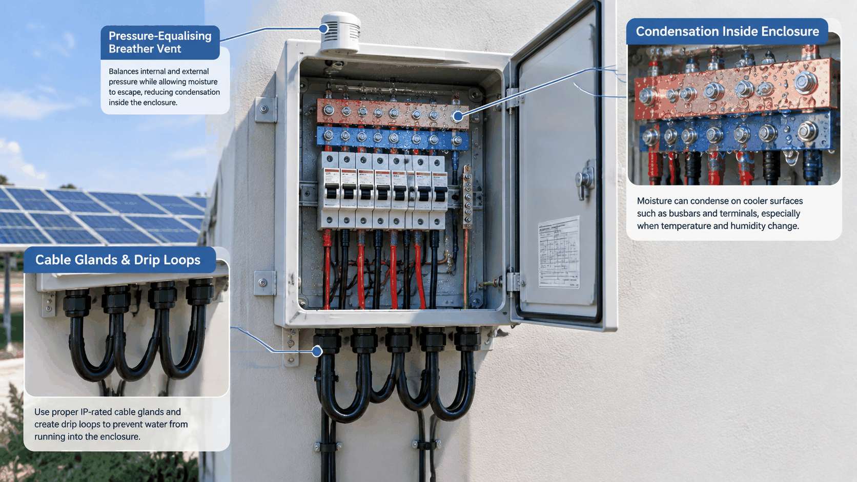 Solar combiner box installed outdoors with cable glands entering from below, drip loops and a pressure-equalising vent, illustrating that installation quality decides whether an IP65 or IP66 rating holds in the field
