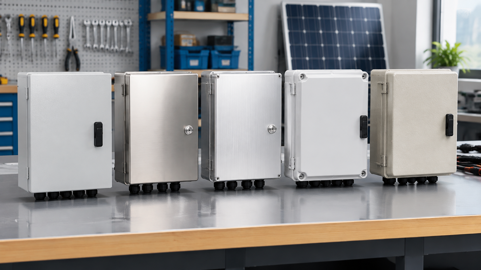 PV combiner box enclosure materials compared side by side: steel, stainless steel, aluminium, ABS/PC and GRP