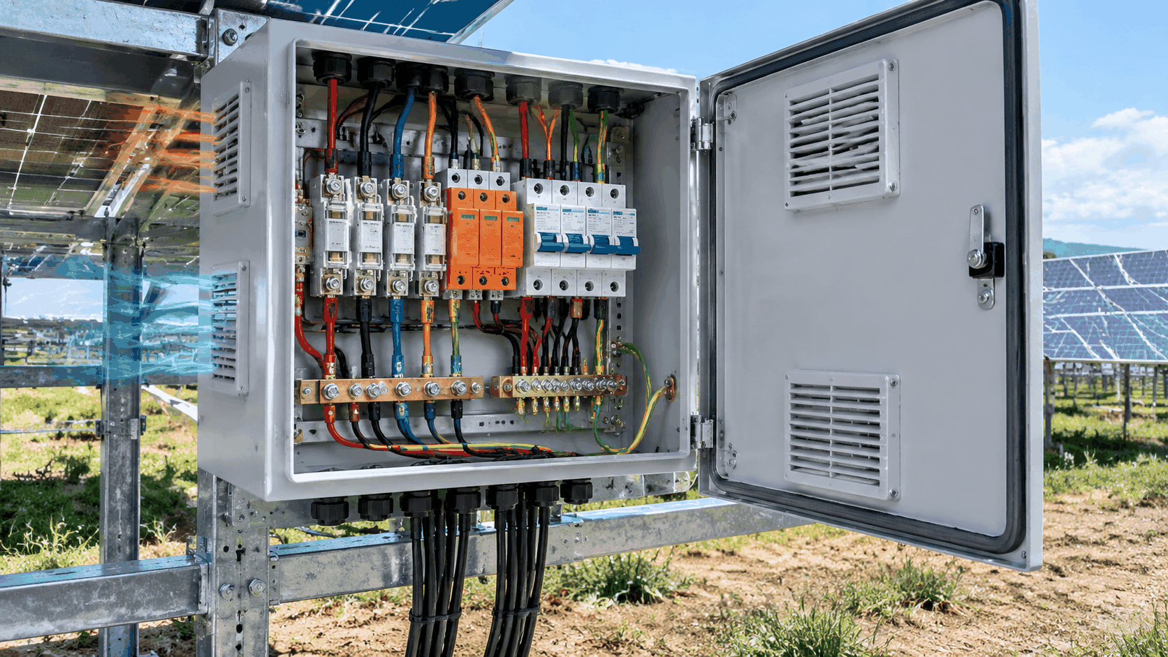 Inside an outdoor solar PV combiner box showing busbars, string fuses, DC SPD and earthing bar
