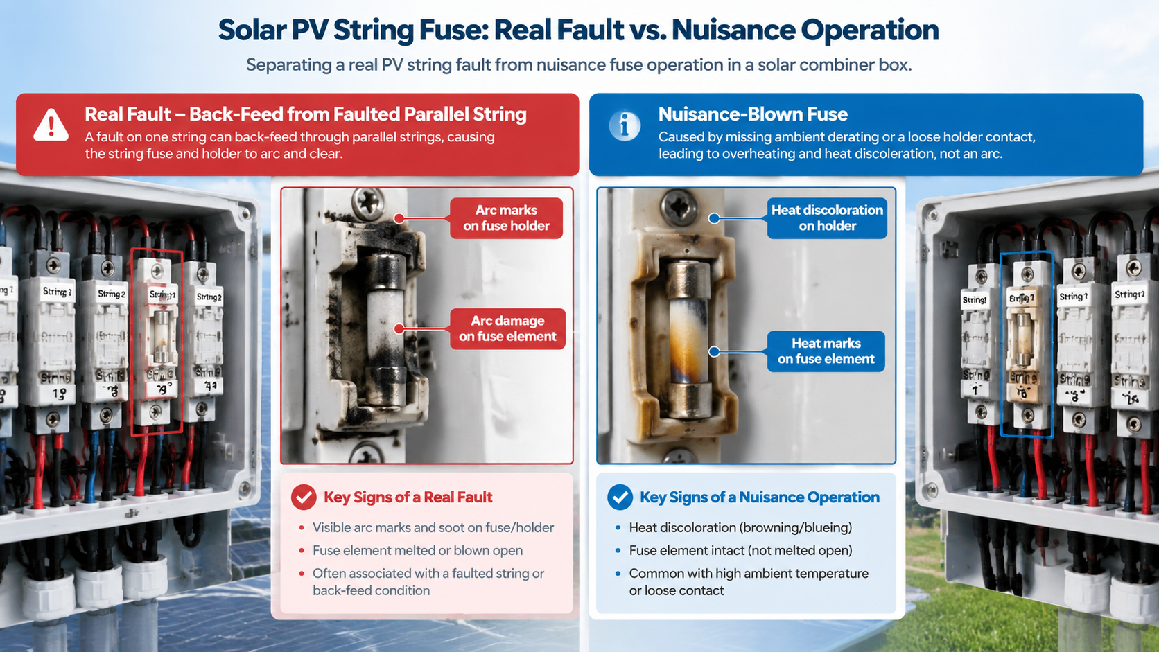 Two blown solar string fuses compared: an arc-marked fuse and holder from a reverse back-feed fault on a parallel string, next to a heat-discoloured fuse from missing derating or a loose holder contact
