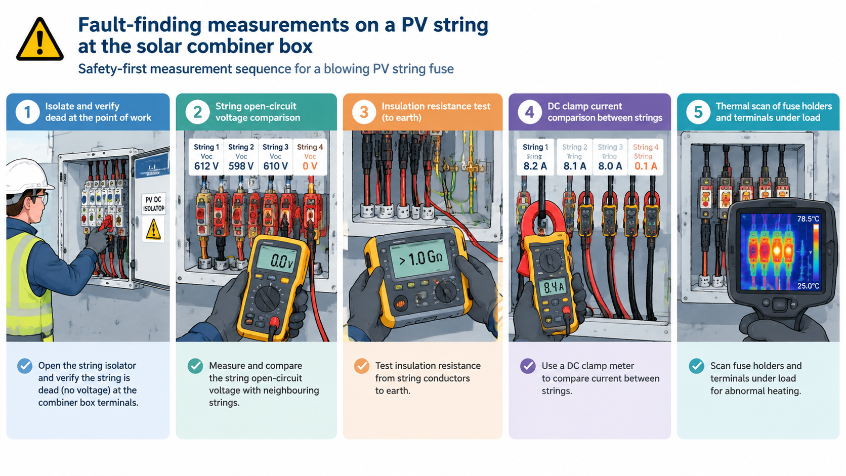 Fault-finding a blowing PV string fuse at the combiner box: isolating and verifying dead, comparing string open-circuit voltage, insulation resistance testing to earth, DC clamp current comparison between strings and thermal scanning fuse holders under load
