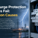 Article cover: why surge protection devices fail, showing an SPD at end of life and the root causes behind premature failure