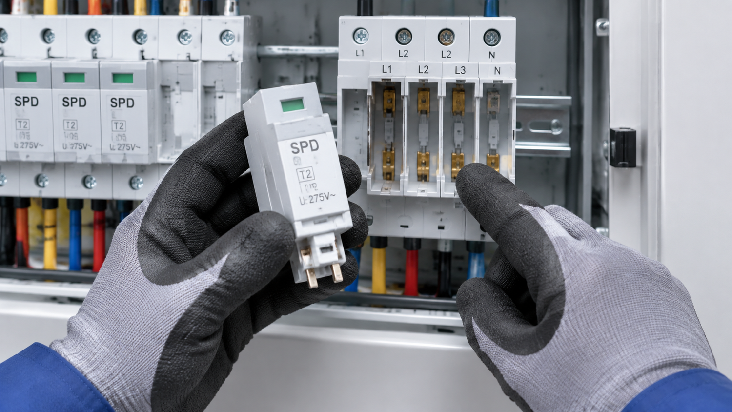 Engineer inspecting a pluggable surge protection cartridge module and its base inside an isolated distribution panel, checking the status window and terminals for heat damage before replacement