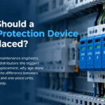 Surge protection device replacement decision guide showing an SPD module under inspection with its status window and recorded service history