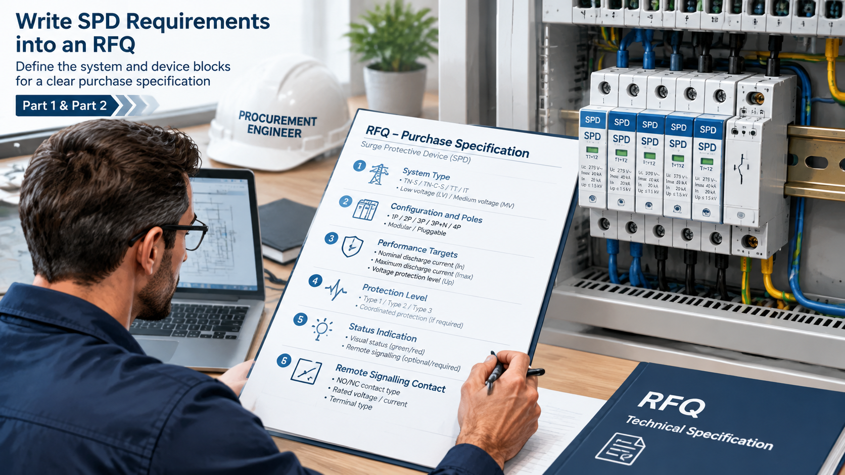 Procurement engineer writing the system and device blocks of a surge protection device specification sheet beside DIN-rail SPD modules