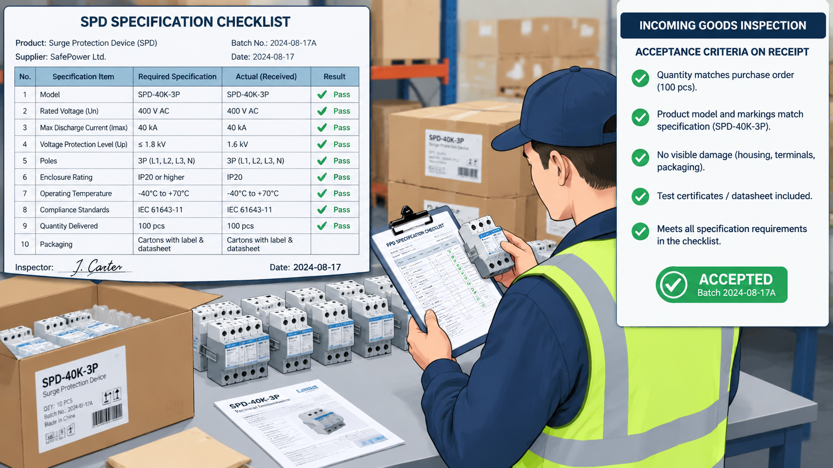 Incoming inspection of a delivered batch of surge protection devices being checked against a written SPD specification checklist before booking into stock
