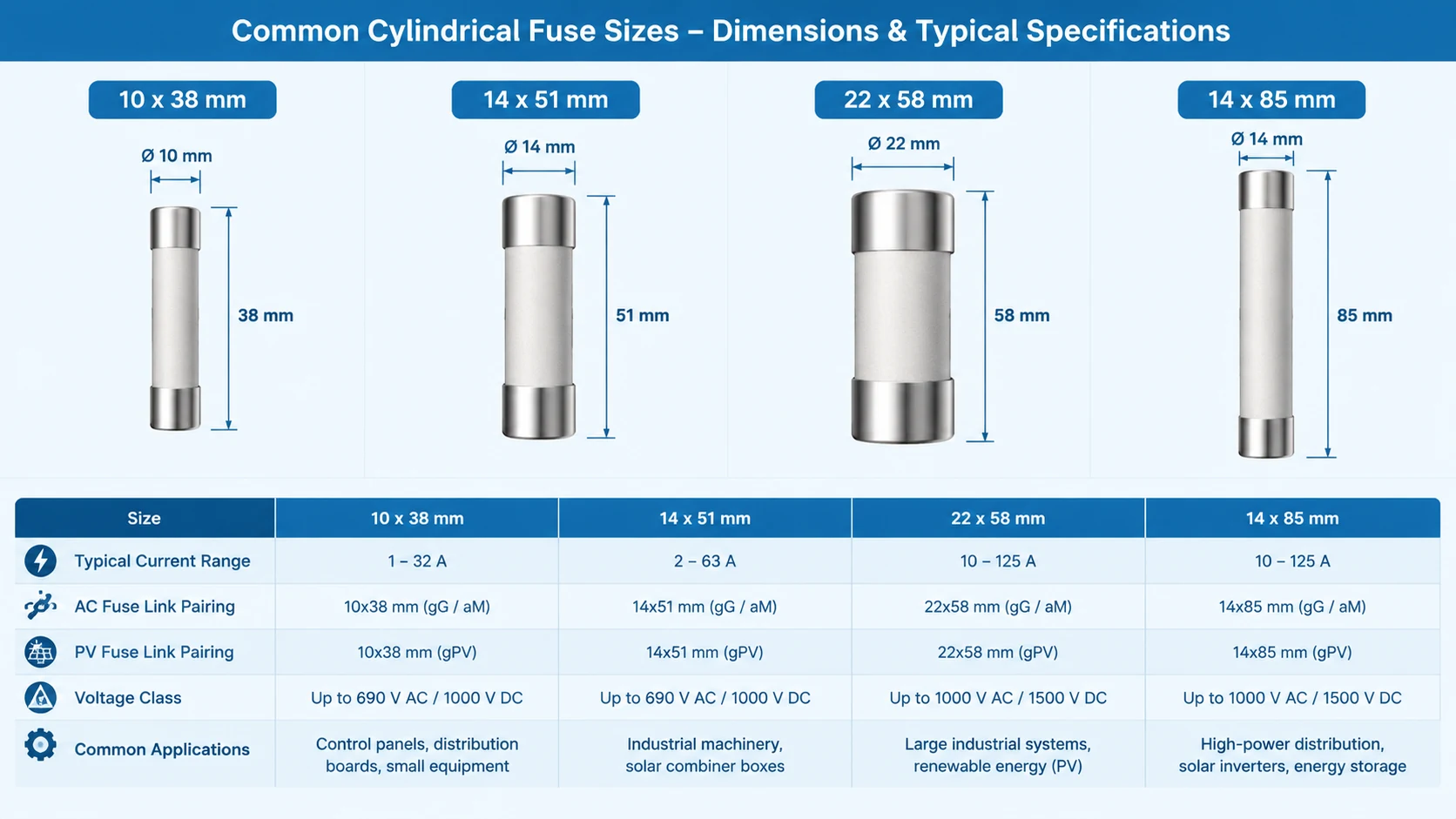 Diagram comparing the four common cylindrical fuse sizes side by side with their diameter and length dimensions