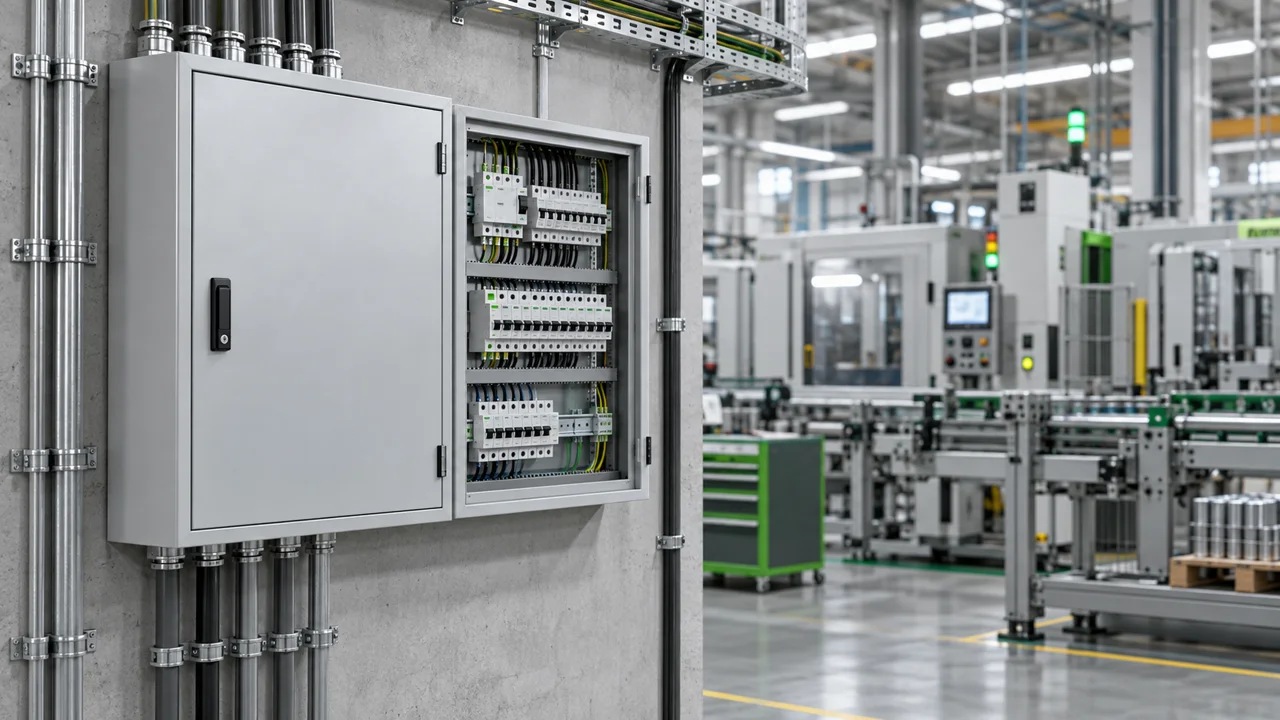 Metal electrical distribution box installed in an industrial workshop