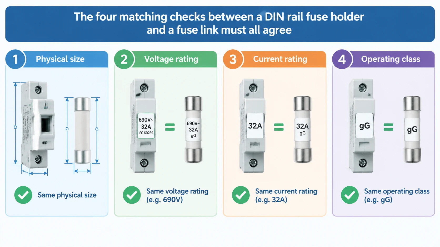 Diagram of the four matching checks between a DIN rail fuse holder and a fuse link: size, voltage, current and class