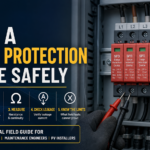 How to test a surge protection device safely: isolated DIN rail SPD module with test leads connected
