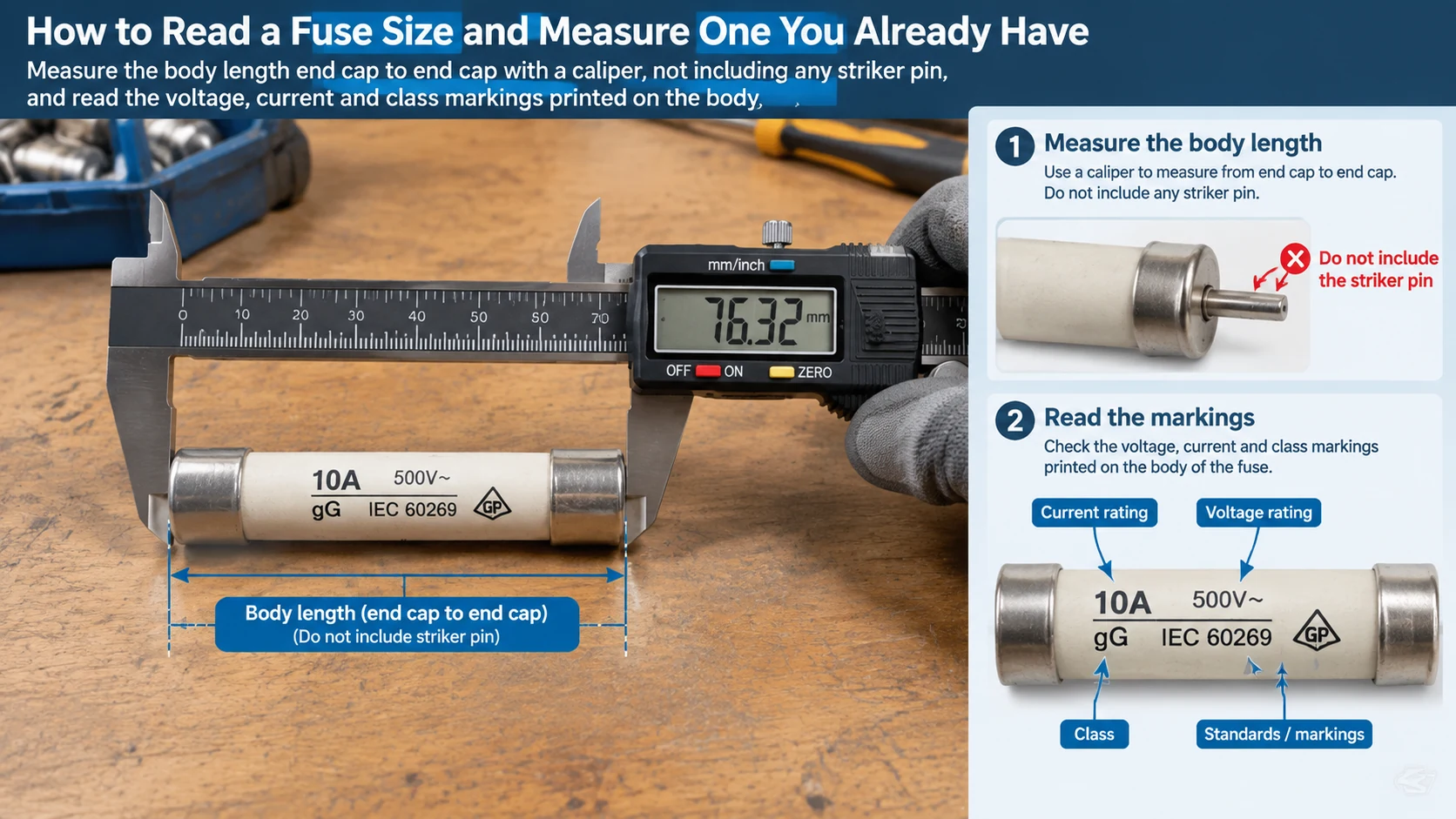 Illustration of a caliper measuring the body length and cap diameter of a cylindrical fuse link