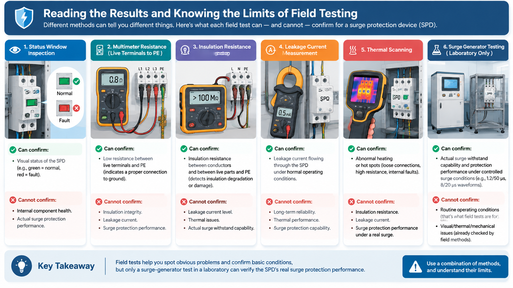 Comparison of field test methods for a surge protection device and what each method can confirm