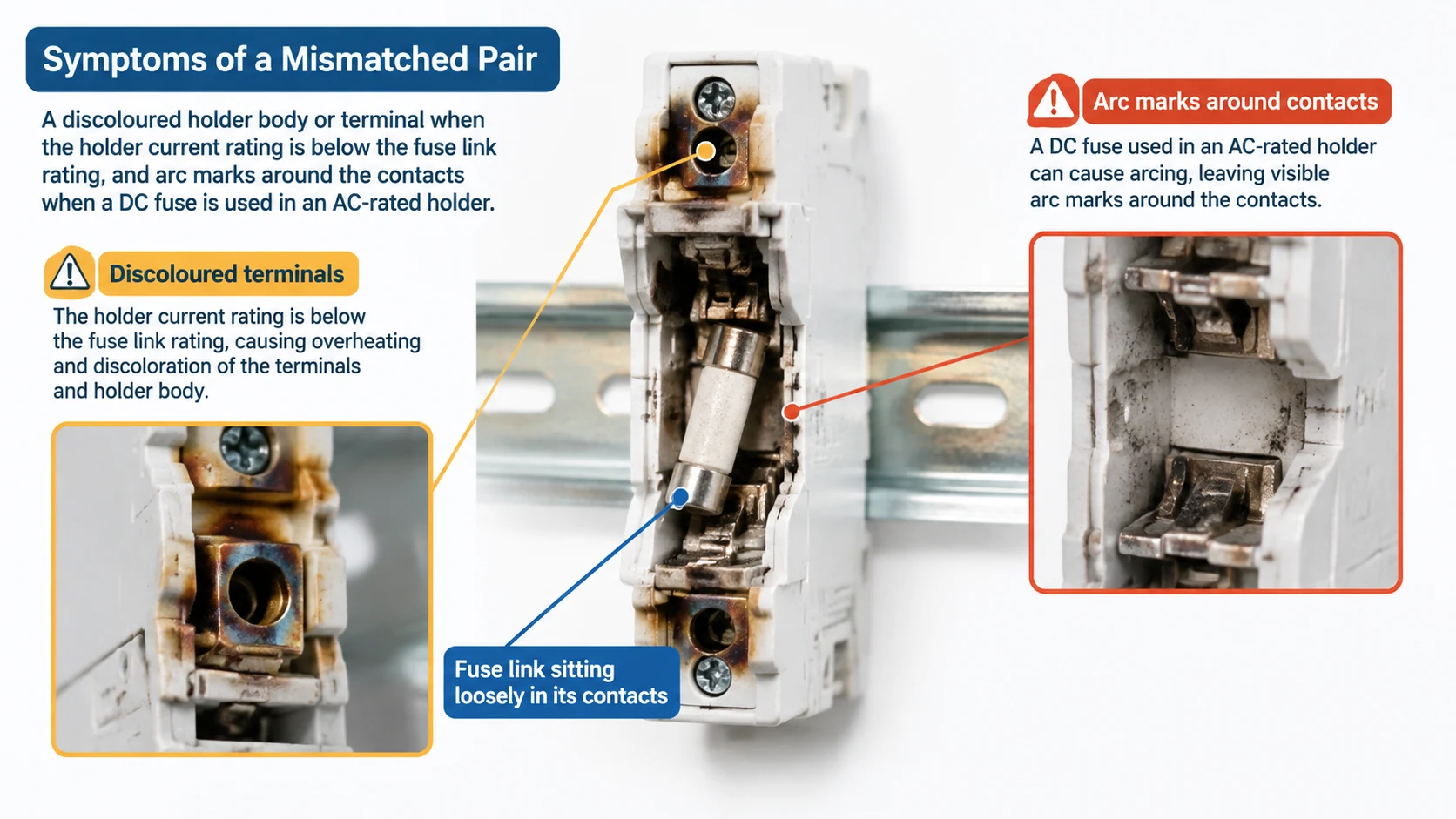 Damaged DIN rail fuse holder with discoloured terminals and a fuse link sitting loosely in its contacts