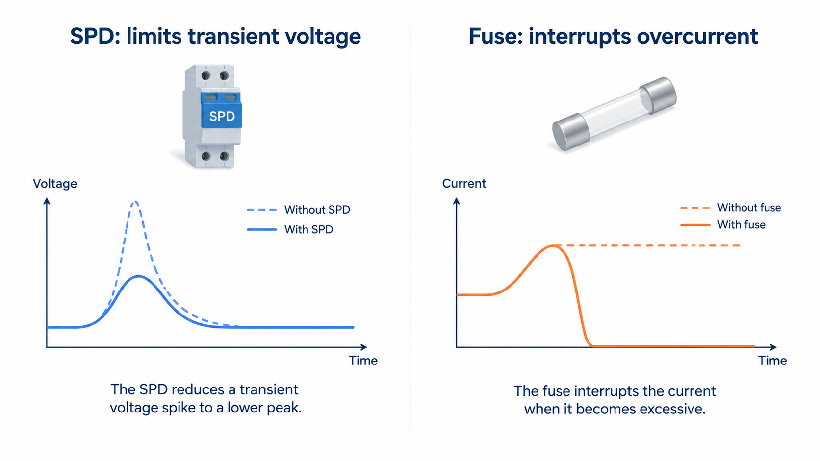 Conceptual comparison: an SPD limits a voltage spike while a fuse interrupts overcurrent