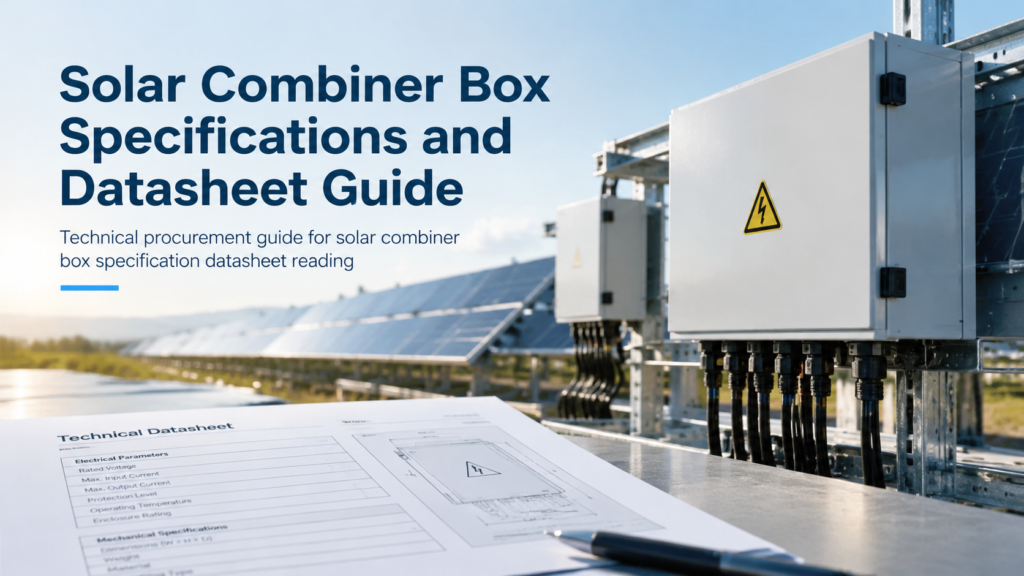 Solar combiner box enclosure mounted beside a photovoltaic array with a technical datasheet in the foreground